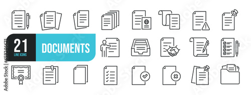 Set of line icons related to documents, contract, passport, resume, archive. Outline icons collection. Editable stroke. Vector illustration.