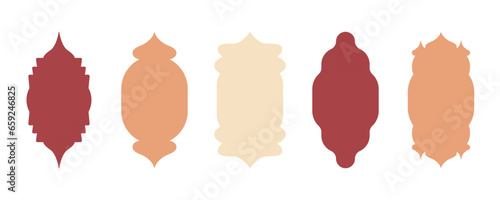 Set of arab islamic frames. Oriental arabesque windows or doors arch for arabic decoration. Ramadan kareem silhouette shapes. Arabian or indian ornament template, muslim geometric banner