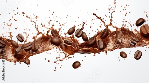 An isolated white background shows a wave of coffee splashing with beans © ND STOCK