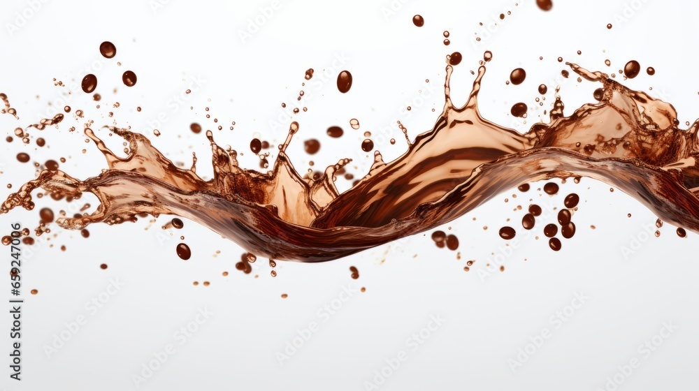 An isolated white background shows a wave of coffee splashing with beans An isolated white background shows a wave of coffee splashing with beans