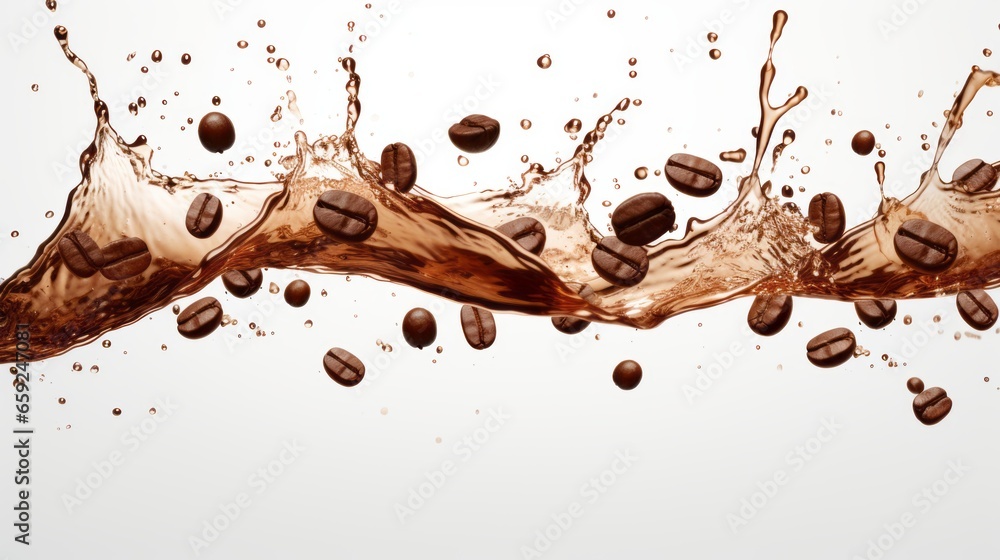 An isolated white background shows a wave of coffee splashing with beans An isolated white background shows a wave of coffee splashing with beans