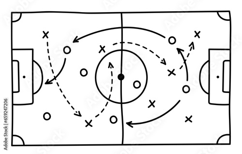 Soccer strategy field, football game tactic drawing on chalkboard. Hand drawn soccer game scheme, learning diagram with arrows and players on board, sport plan outline vector illustration