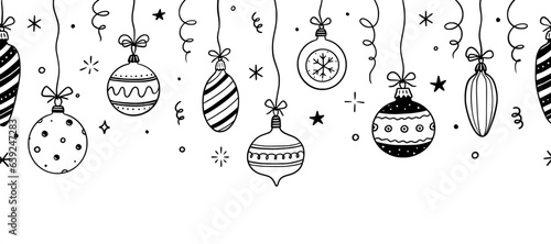 Doodle christmas ball element background. Hand drawn sketch line style xmas ball. Cute merry christmas bauble for border, background design with text place. Isolated vector illustration.