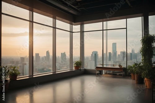 Top side view on stylish dark work table with laptop on wooden parquet floor in spacious sunlit home office with city view from big windows. 3D rendering. Generative AI