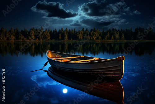 darkening night sky reveals a brilliantly shining moon suspended high above as a fishing boat sails peacefully on the water