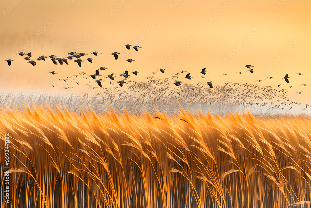Migratory birds flying in a golden reed field Generative AI - obrazy, fototapety, plakaty 