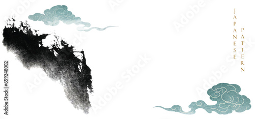 Chinese cloud decorations with blue watercolor texture in vintage style. Abstract art landscape with mountain and ocean sea with hand drawn wave elements