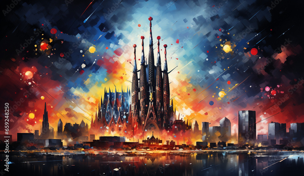 Explosive Colors, Abstract Art of La Sagrada Familia with Fireworks - obrazy, fototapety, plakaty 