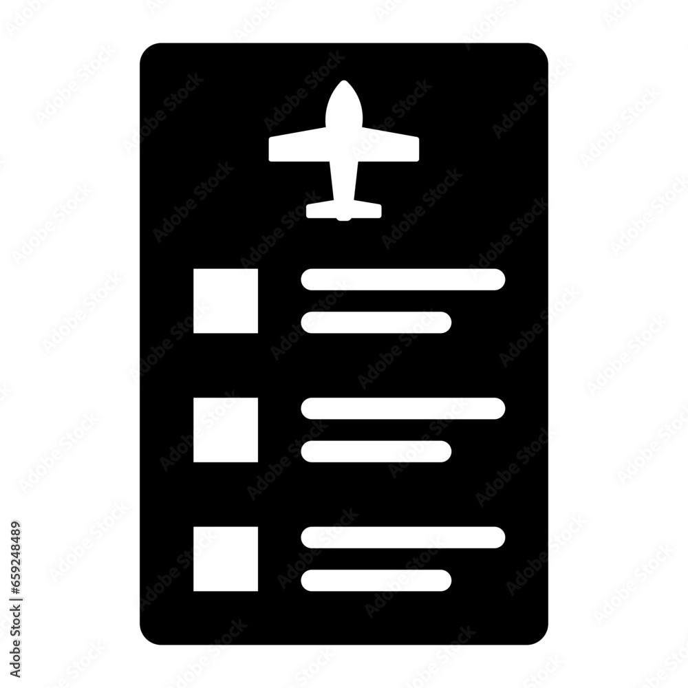 Obraz premium Checklist of plane travel itenary solid glyph icon