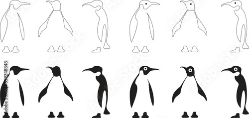 set of flat penguins logo illustration, good for mascot delivery or logistic, logo industry, linear editable stock color style with black isolated on transparent background. Animal Nature Icons .