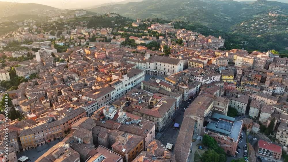Aerial view of Perugia city center, Piazza IV Novembre, Fontana Maggiore, Palazzo dei Priori, and San Lorenzo Cathedral, in Umbria, Italy Aerial view of Perugia city center, Piazza IV Novembre, Fontana Maggiore, Palazzo dei Priori, and San Lorenzo Cathedral, in Umbria, Italy