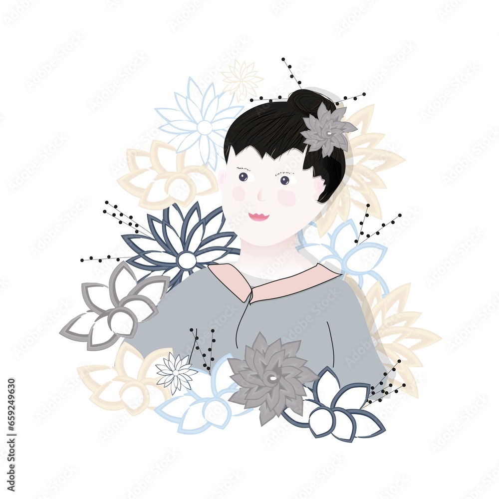 Girl in blooming stylized garden. Girl in blooming stylized garden.