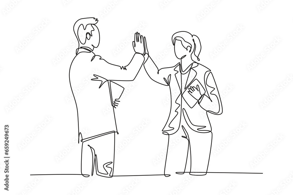 Continuous one line drawing of young happy businessman and businesswoman celebrating their successive goal with high five gesture. Business deal concept. Single line design vector graphic illustration