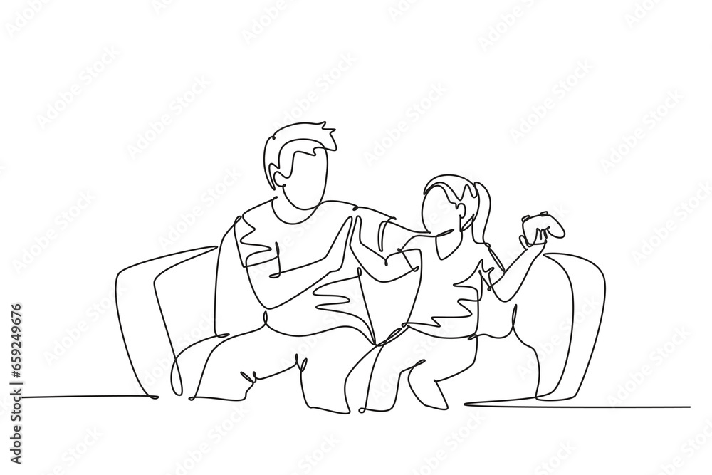 Continuous one line drawing father and daughter sitting on couch playing console video game together, giving high five gesture. Parenting concept. Single line draw design vector graphic illustration