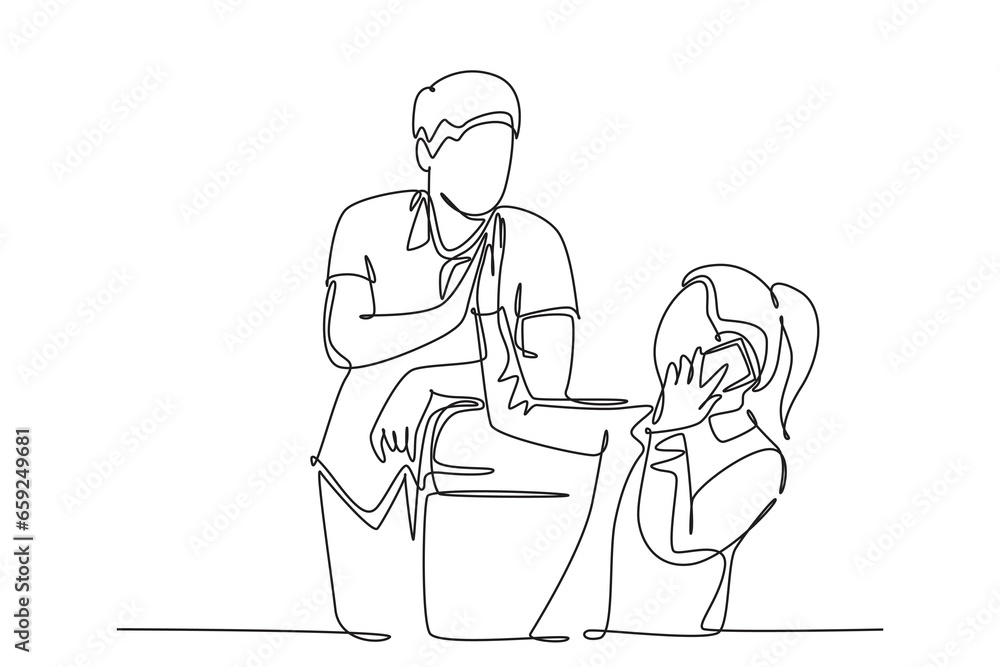 Continuous one line drawing young happy couple celebrate their success while the woman talking on phone and give high five gesture. Business deal. Single line draw design vector graphic illustration Continuous one line drawing young happy couple celebrate their success while the woman talking on phone and give high five gesture. Business deal. Single line draw design vector graphic illustration
