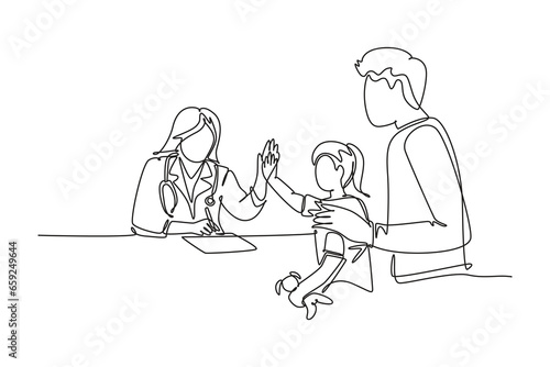 Single one line drawing young happy female doctor checking up sick patient girl and giving high five gesture. Medical healthcare concept. Modern continuous line draw design graphic vector illustration