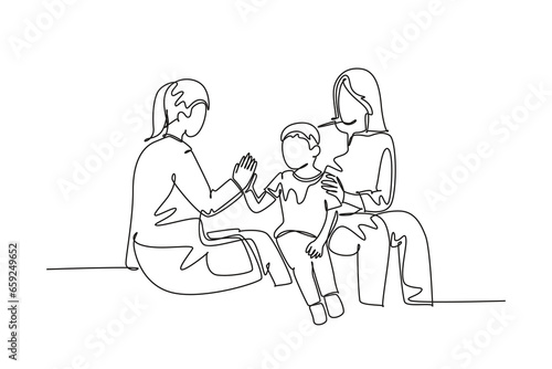 Continuous one line drawing young happy female doctor checking up sick patient little boy and giving high five gesture. Medical healthcare concept. Single line draw design vector graphic illustration