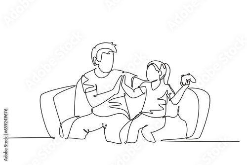 Continuous one line drawing father and daughter sitting on couch playing console video game together, giving high five gesture. Parenting concept. Single line draw design vector graphic illustration