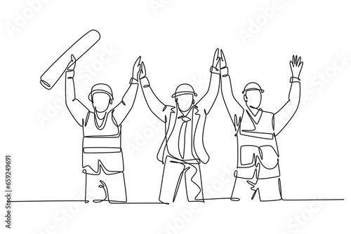 Single continuous line drawing construction worker and foreman celebrate their successive build the building together. Building construction concept. One line draw graphic design vector illustration