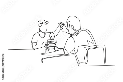 Single continuous line drawing father accompany his kid playing a robot action figure model kit and gives high five gesture. Parenting concept. Dynamic one line draw graphic design vector illustration
