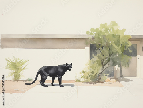 A Minimal Watercolor of a Panther in the Yard of a House in the Suburbs