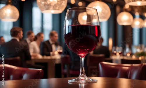 Red wine in a tall wine glass restaurants bokeh background. AI generative