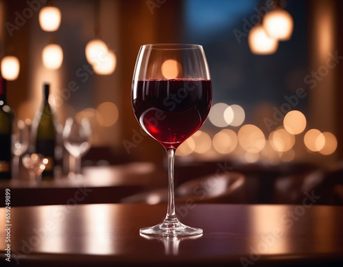 Red wine in a tall wine glass restaurants bokeh background. AI generative