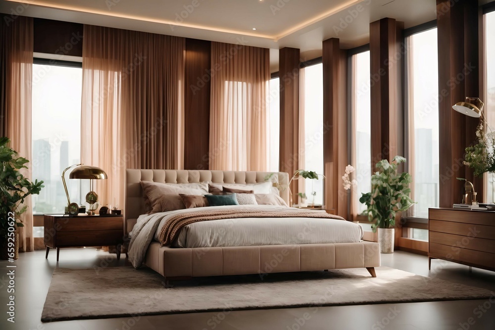luxury studio apartment with a free layout in a loft style in dark colors. Stylish modern room area with wooden floor parquet and 3d panel wall. 3d render. Generative AI
