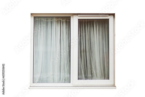 Cutout of an isolated white window frame with sunshade curtains taken from outside with the transparent png  