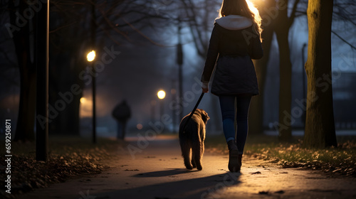 Woman walks her dog in the park at night