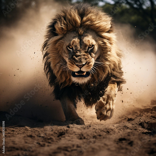 Front View of a Lion Charging 