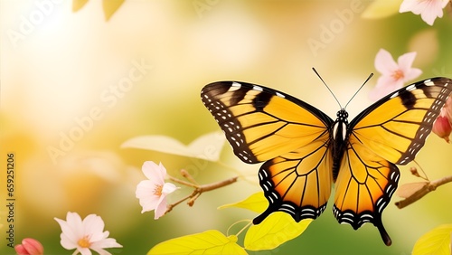 beautiful butterfly flying near spring leaves in fall season at sunrise on light background. Banner  