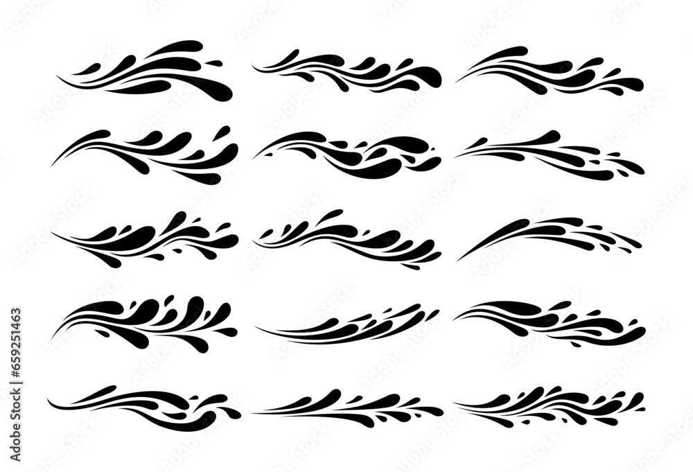 Silhouette of abstract liquid water splash divider, logo design set Silhouette of abstract liquid water splash divider, logo design set