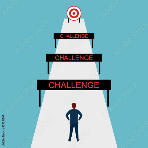 Businessman standing in front of many obstacles and barriers on the way to success. Business challenges.