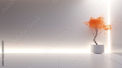 Decorative orange tree near a white wall with hidden neon lighting