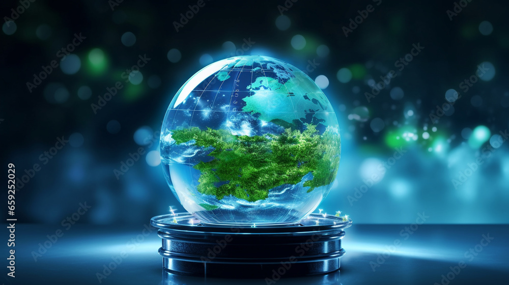 Environmental technology concept. Sustainable development goals. SDGs. Green Earth with Environment icons. Saving the environment, and environmentally sustainable. Technology for the earth