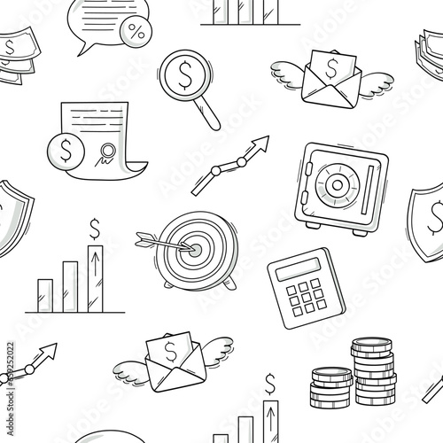 Business, finance, money. Editable seamless pattern. Doodle icons on a white background. Purpose, bills, charts, profit, document, safe.