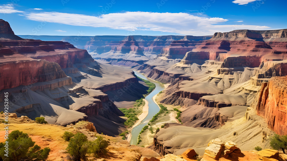 Capture the vast expanse and grandeur of the Grand Canyon. Showcase its iconic steep-sided canyons carved by the Colorado River. 