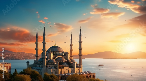 Minarets and domes of Blue Mosque with Bosporus photo