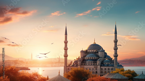 Beautiful Minarets and domes of Blue Mosque with Bosporus photo