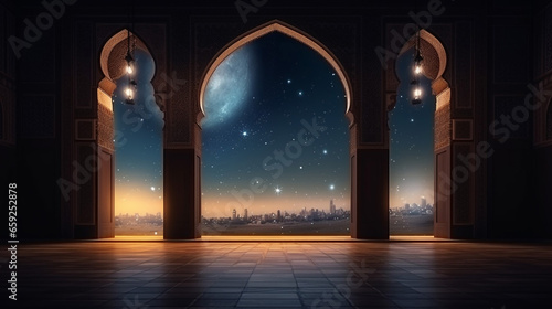 Elegant Moonlight shines through the window into Islamic mosque