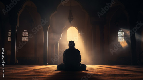 Fantastic Silhouette of Muslim Man Praying Mosque Background