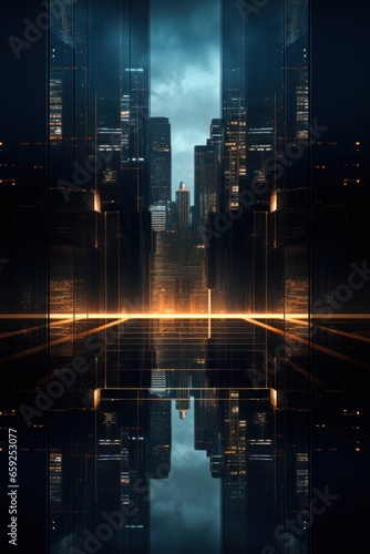 Fantastic dark city of perfect mirror reflections. AI Generation 