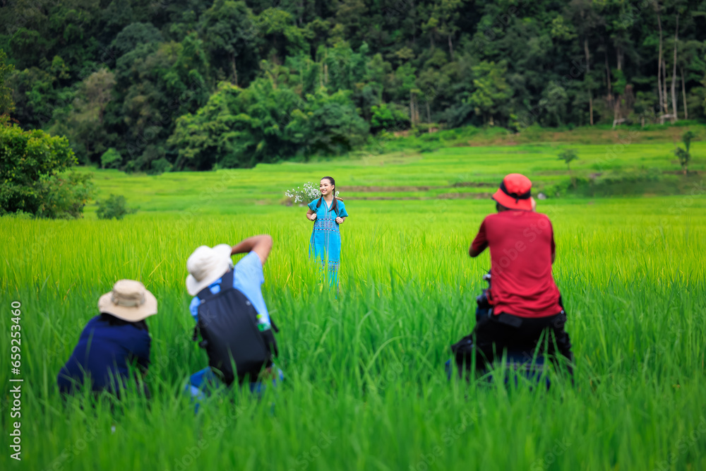 Photographers taking pictures model at rice terrace Ban Pa Bon Piang, Chiang Mai Thailand, Photographers taking pictures model at rice terrace Ban Pa Bon Piang, Chiang Mai Thailand,