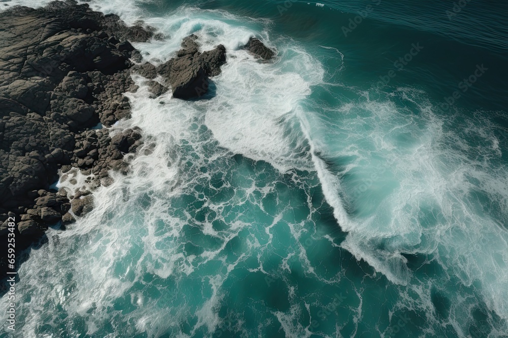 Fototapeta premium Coastal beauty from above. Majestic cliff and turquoise waters. Waves crashing on rocky coastline. Seaside tranquility. View of ocean. Nature rhythms. Beauty in high tide
