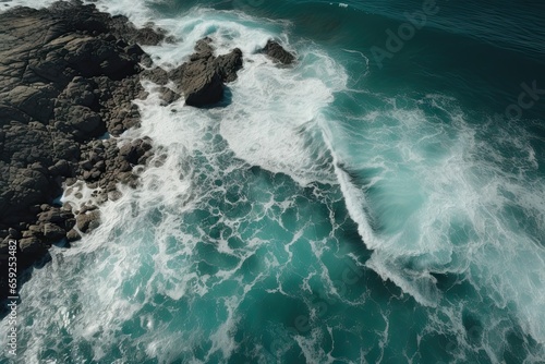 Coastal beauty from above. Majestic cliff and turquoise waters. Waves crashing on rocky coastline. Seaside tranquility. View of ocean. Nature rhythms. Beauty in high tide