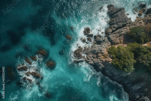 Coastal beauty from above. Majestic cliff and turquoise waters. Waves crashing on rocky coastline. Seaside tranquility. View of ocean. Nature rhythms. Beauty in high tide