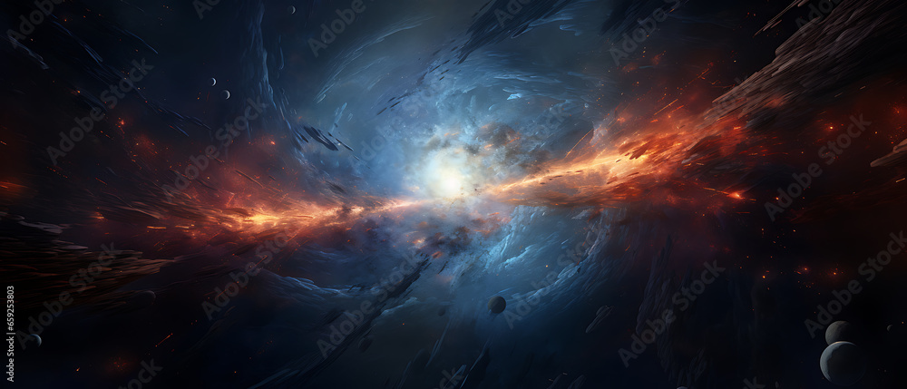 Abstract colorful wallpaper 21:9 , Galaxy design realistic image, AI-generated illustrations of colorful galaxies, supernovas, stars and planets in the universe. - obrazy, fototapety, plakaty 