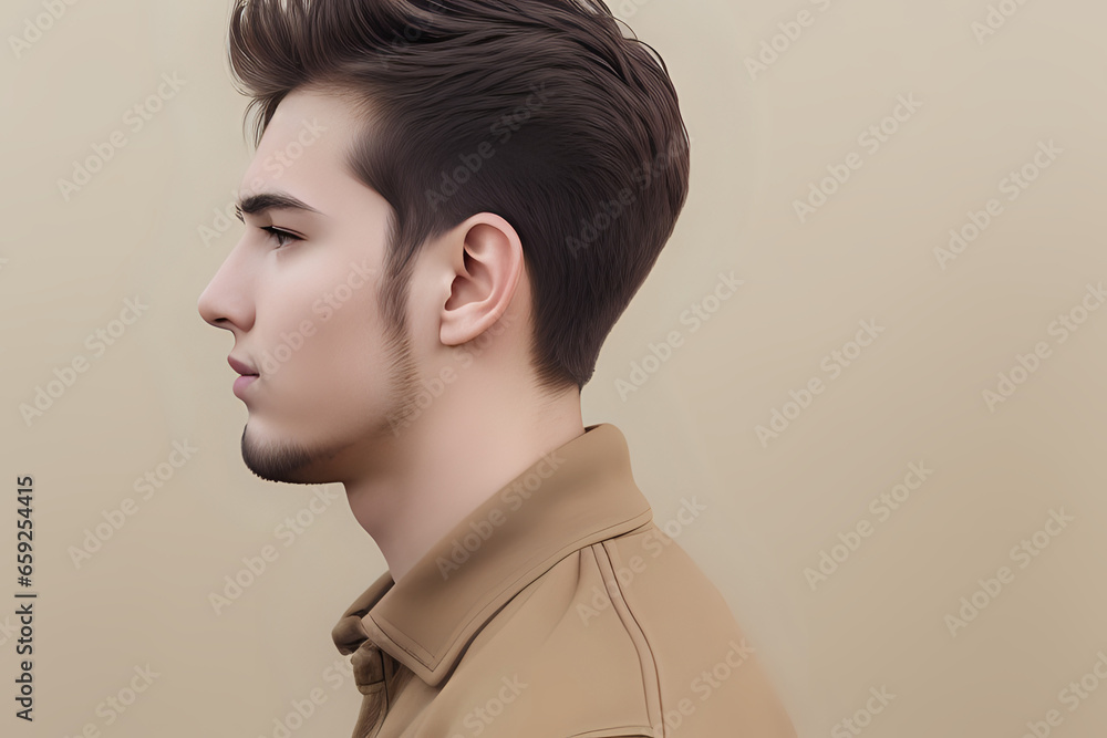 Profile side photo of young handsome bristle man confident look empty space isolated over beige color background Profile side photo of young handsome bristle man confident look empty space isolated over beige color background