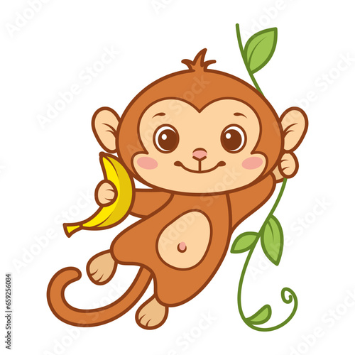 Baby Monkey with Banana Cartoon Vector Illustration